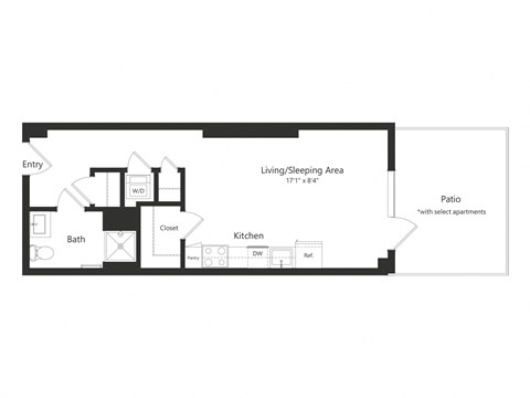 Floor plan for studio, 1 bath, 485 sqft